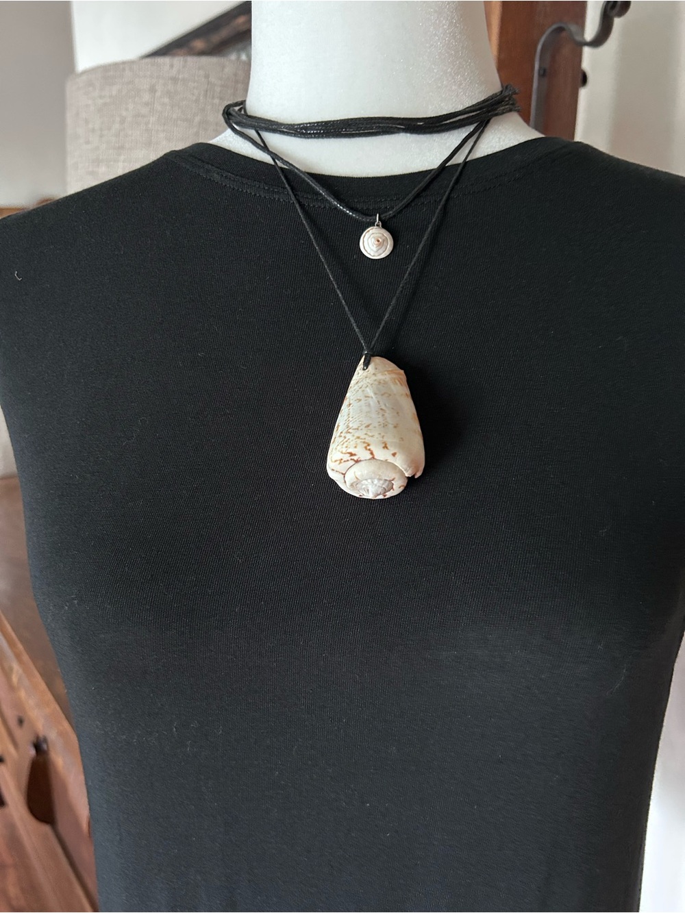 Free People Cream Shell Pendant Necklace on Black Cord